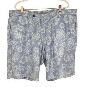 Tommy Bahama Reversible Shorts Mens 40 Blue Floral Plaid 100% Linen 10" Inseam